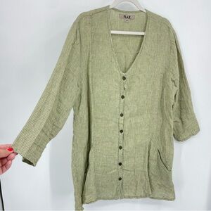 FLAX Green Linen Shirt Button Tunic plaid striped Sz M 3/4 sleeve